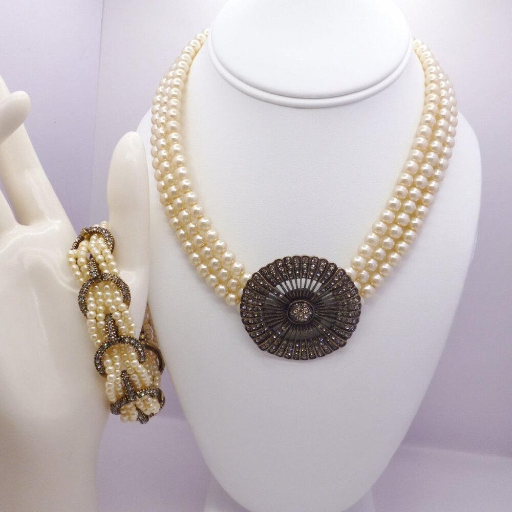 Heidi Daus Faux Pearl & Swarovski Crystal Necklace + Bracelet Set PERFECT 32165